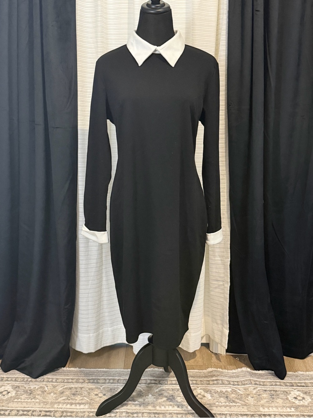 Homeyee Black White Collar Sheath Dress Retro Mod Long Sleeve